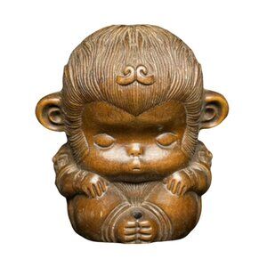 Chinese Brown Boxwood Hand-Carved Monkey King Statue
